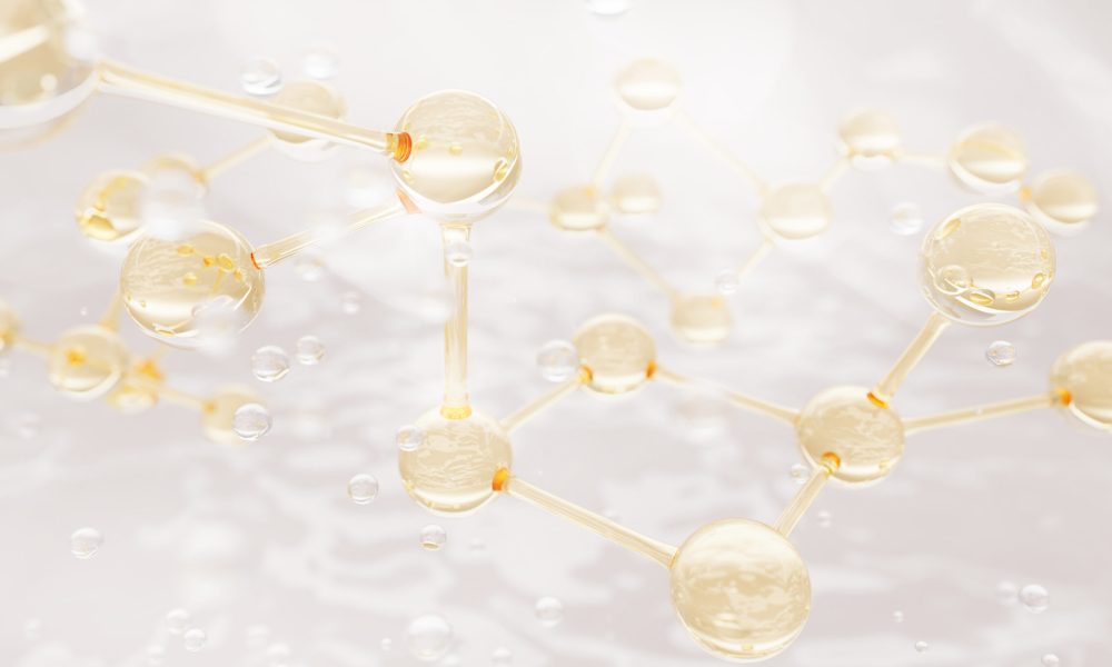 Science background with gold molecules and clear collagen peptide serum drops. Bio cosmetic lab skincare product. Natural oil liquid bubbles, moisture essence for face, skin and hair. 3D illustration